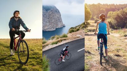 Women cycling across grass and roads
