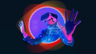 IBC 2024 graphic of a man, in psychedelic colors surrounded by geometric waves, wearing a VR headset