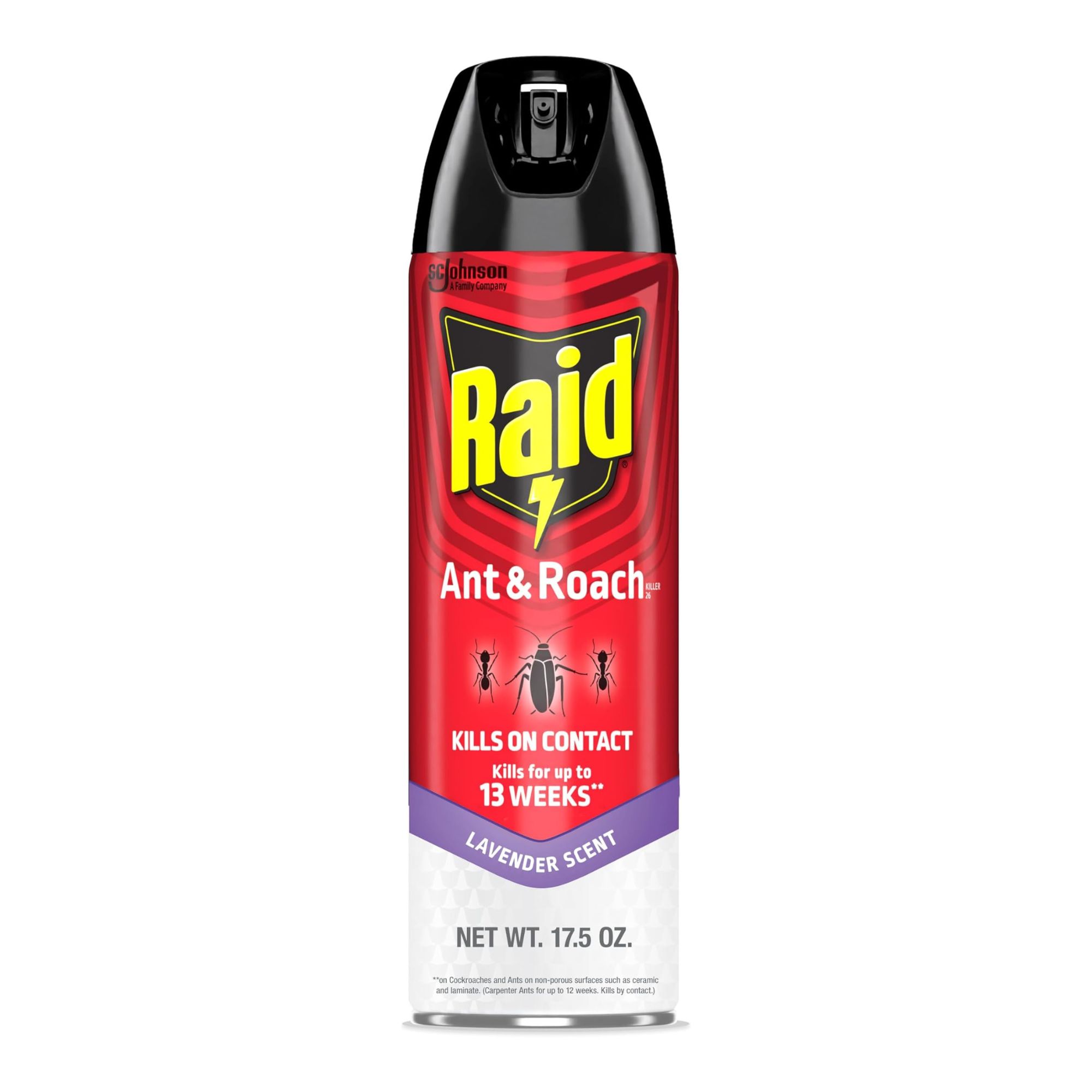 Raid ant and roach killing spray bottle. It's mostly red, with black spray on top, and white base with label that says lavender scent
