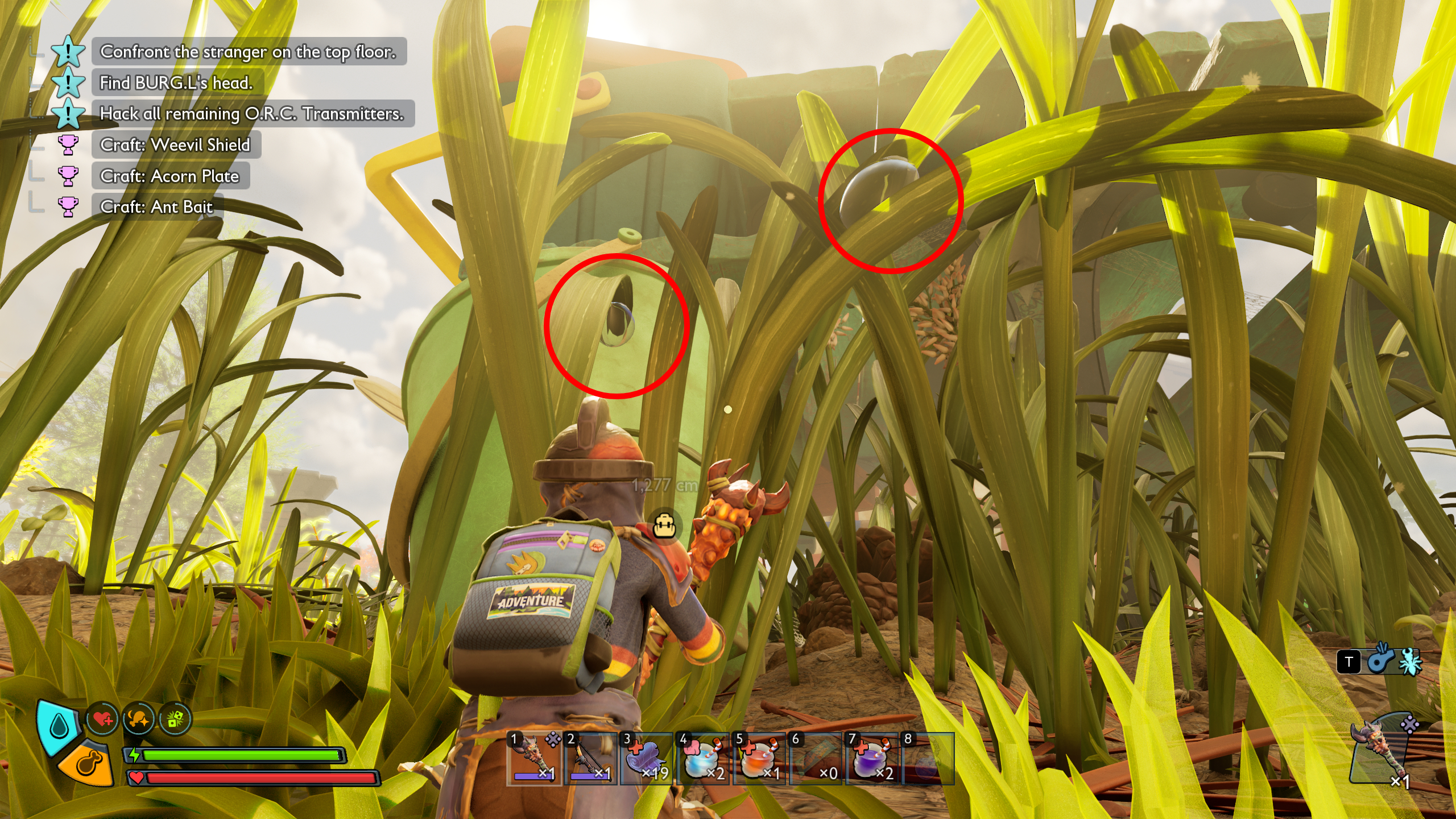 Grounded 2 water locations: A character looking at grass, with two red circles highlighting water droplets.