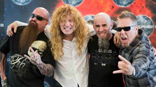 Slayer’s Kerry King, Megadeth’s Dave Mustaine, Anthrax’s Scott Ian and Metallica’s James Hetfield pose together for a photograph in 2010