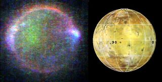 Io's auroras, revealed by the Galileo spacecraft, shine around its equator, thanks to interactions with Jupiter. Charged particles colliding within the atmosphere produce the red-and-green glow, while blue light comes from the volcanic plumes.