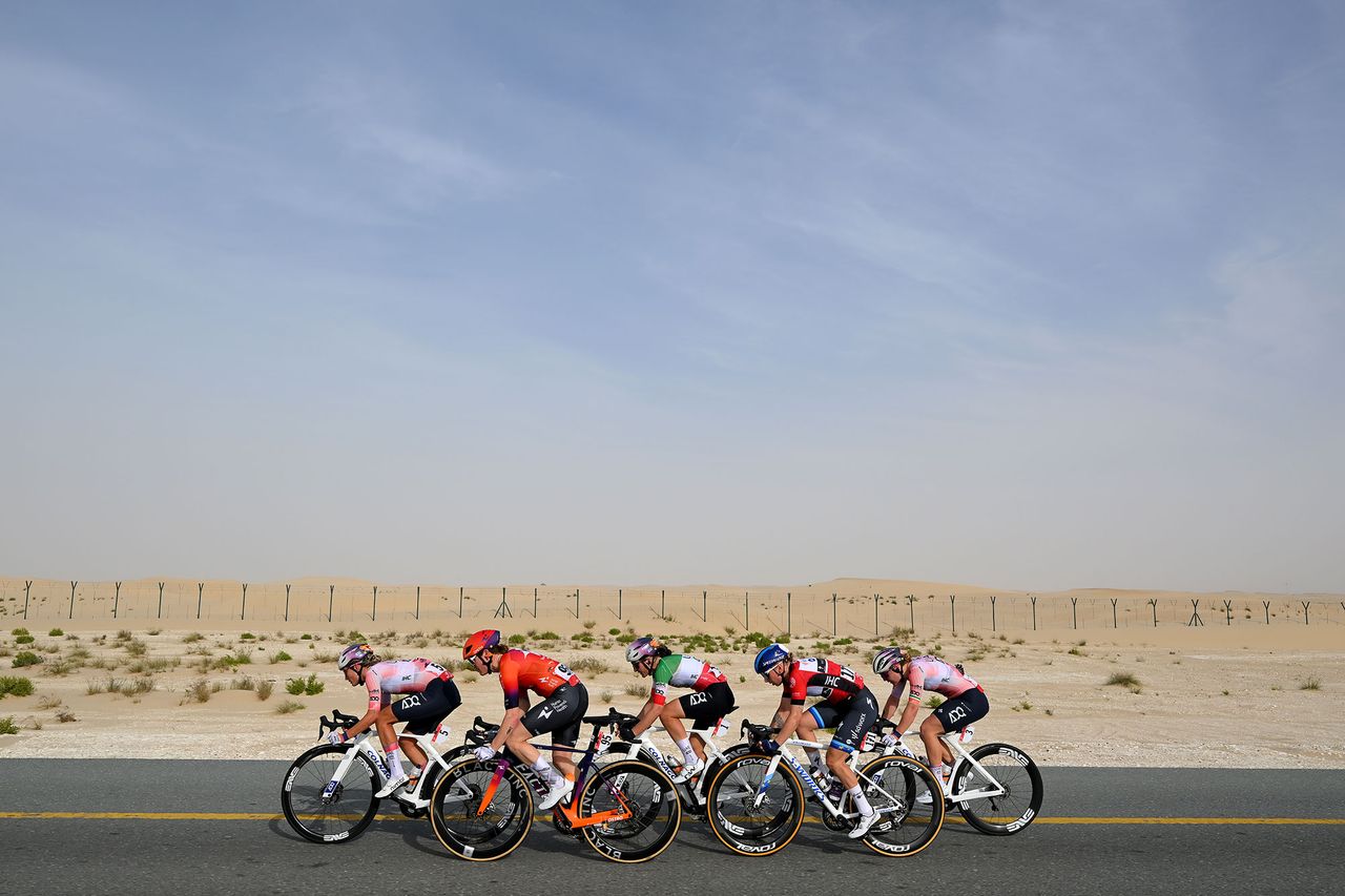 The lead five-rider echelon that went all the way on stage 2 of the UAE Tour Women