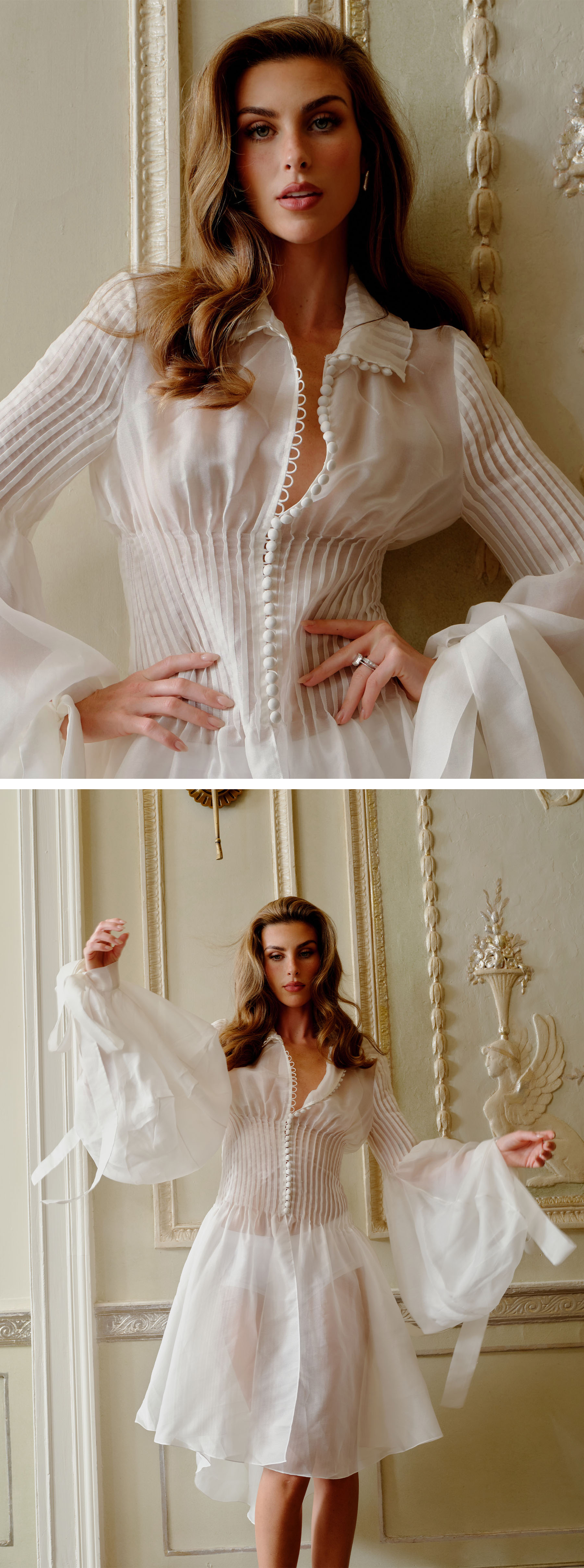 Paige Paul wearing a sheer white dress and white micro shorts.