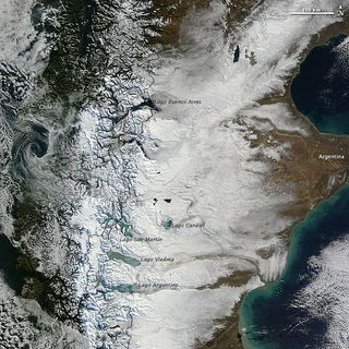 Snow covers southern Patagonia in this NASA satellite image taken on May 30, 2012.