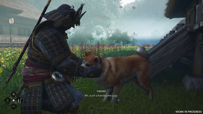 Yasuke pets a dog in the hideout in Assassin&#039;s Creed Shadows