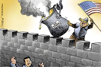 Political cartoon U.S. Trump trade tariffs steel international