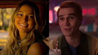 Side by side of Madelyn Cline in Outer Banks smiling and KJ Apa in Riverdale smirking.