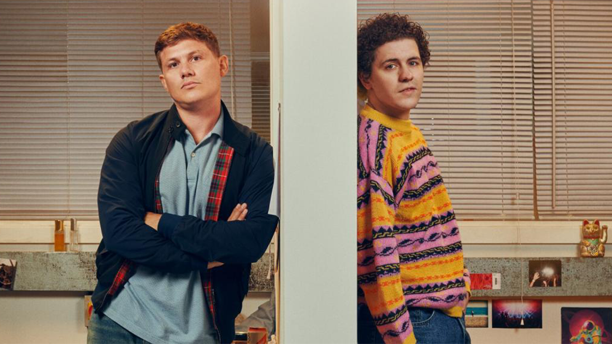 Jon Pointing as Danny and Dylan Llewellyn as Jack, both leaning against the wall on opposite sides for Channel 4&#039;s Big Boys