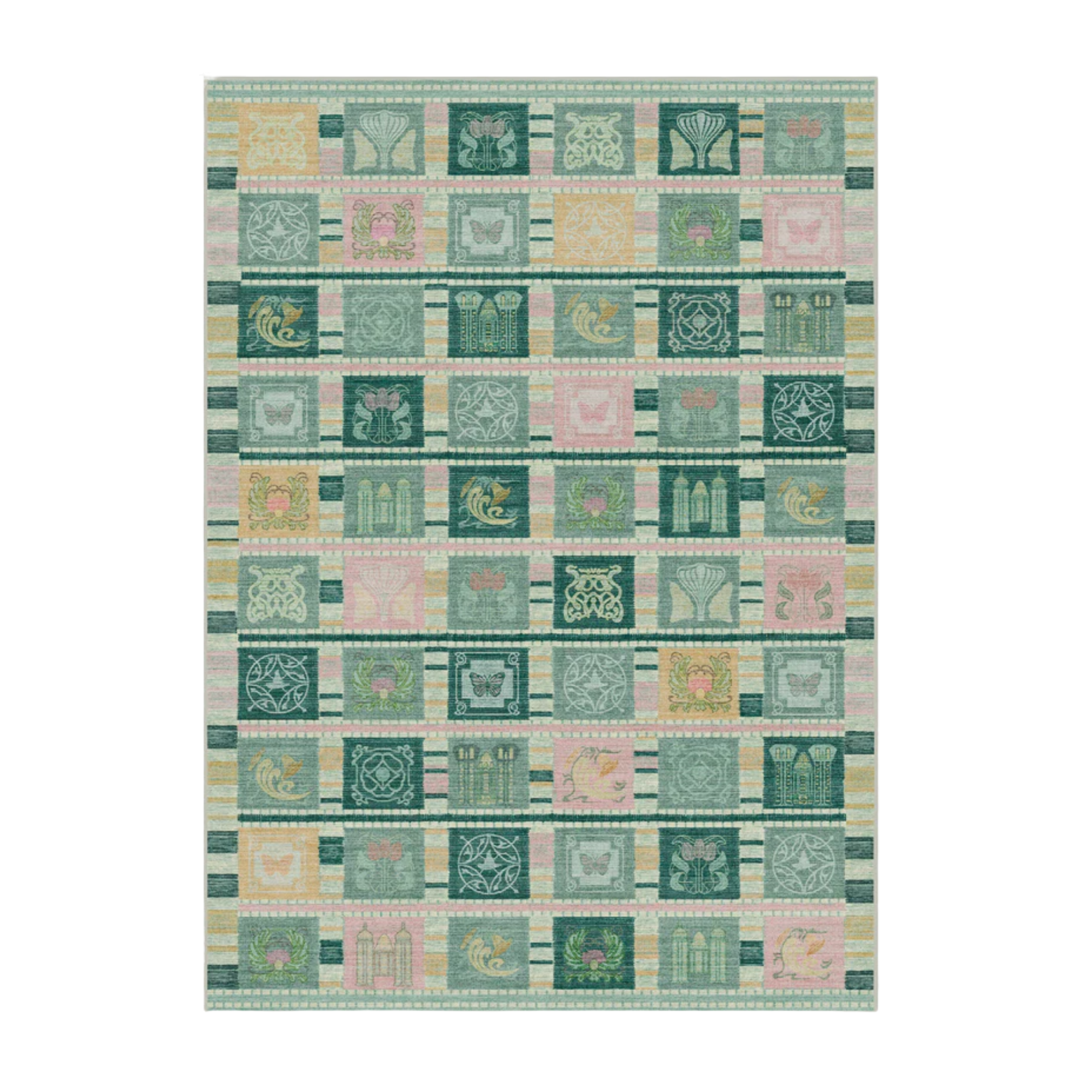a rug with checkered tiles that have motifs of the Wizard of Oz