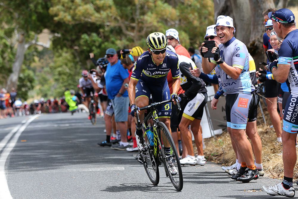 Esteban Chaves jumps away from the bunch to collect some KOM points during stage 4 at the Tour Down Under.