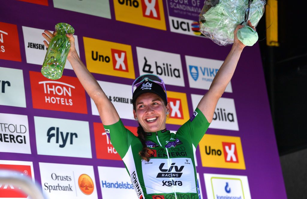 NOREFJELL NORWAY AUGUST 13 Alison Jackson of Canada and Team Liv Racing Xstra Green Points Jersey celebrates at podium during the 8th Tour of Scandinavia 2022 Battle Of The North Stage 5 a 1274km stage from Vikersund to Norefjell 791m UCIWWT tourofscandinavia TOSC22 on August 13 2022 in Norefjell Norway Photo by Luc ClaessenGetty Images
