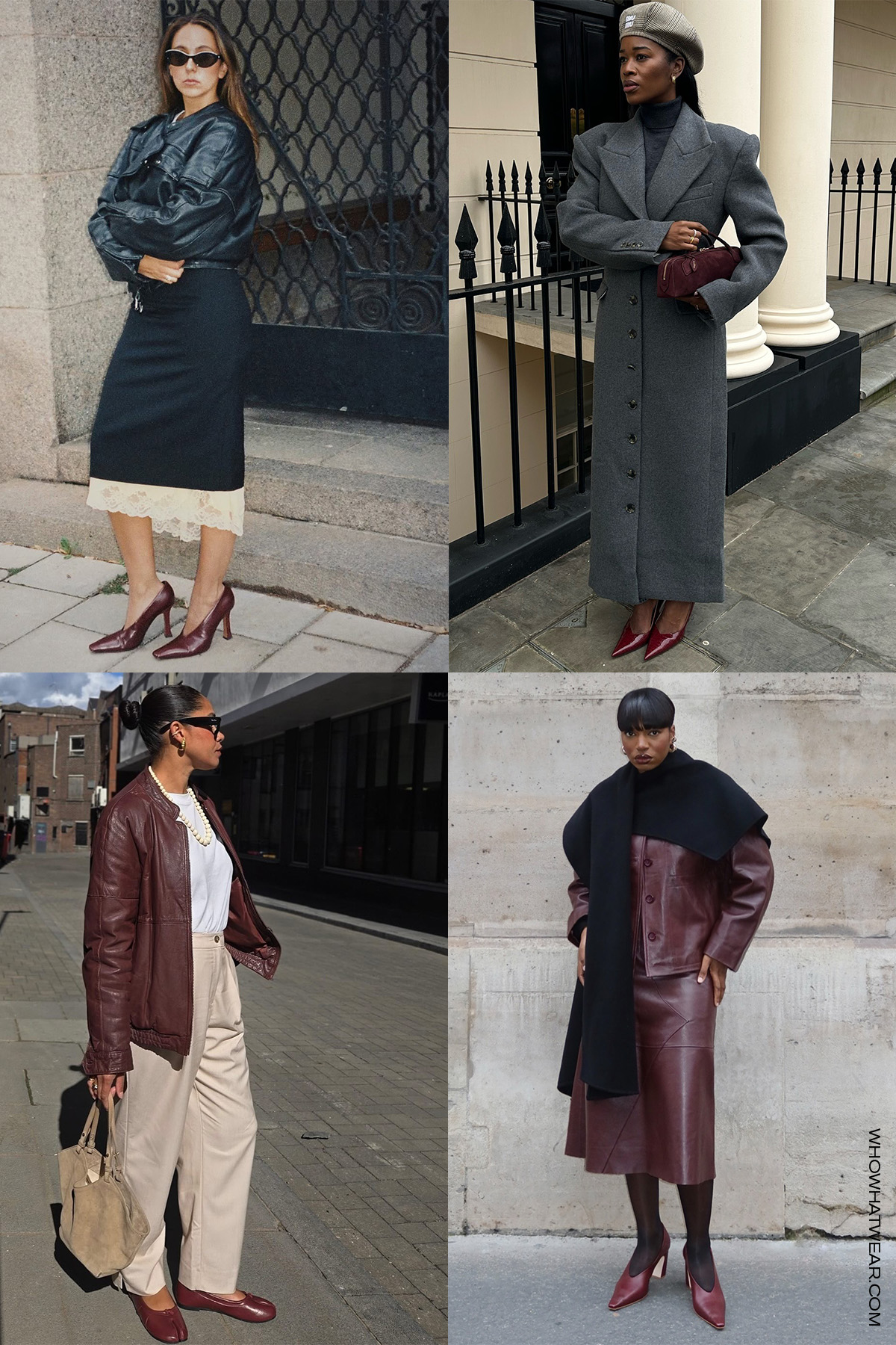 shoe color trends for fall 2025, specifically burgundy red, shown in a collage of women&#039;s outfits. On the top left, a woman wearing a black leather jacket with a black pencil skirt and red pumps; on the top right a woman is wearing a gray hat, a gray maxi coat, a gray sweater dress, red pointed wedges and a red bag; on the bottom right a woman wears a red leather jacket, a red leather skirt, black tights, and red pumps; on the bottom left, a woman is wearing a red leather jacket, a white t-shirt, tan trousers, and red ballet flats