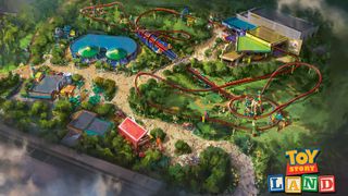 Colourful birds-eye-view illustration of Toy Story Land