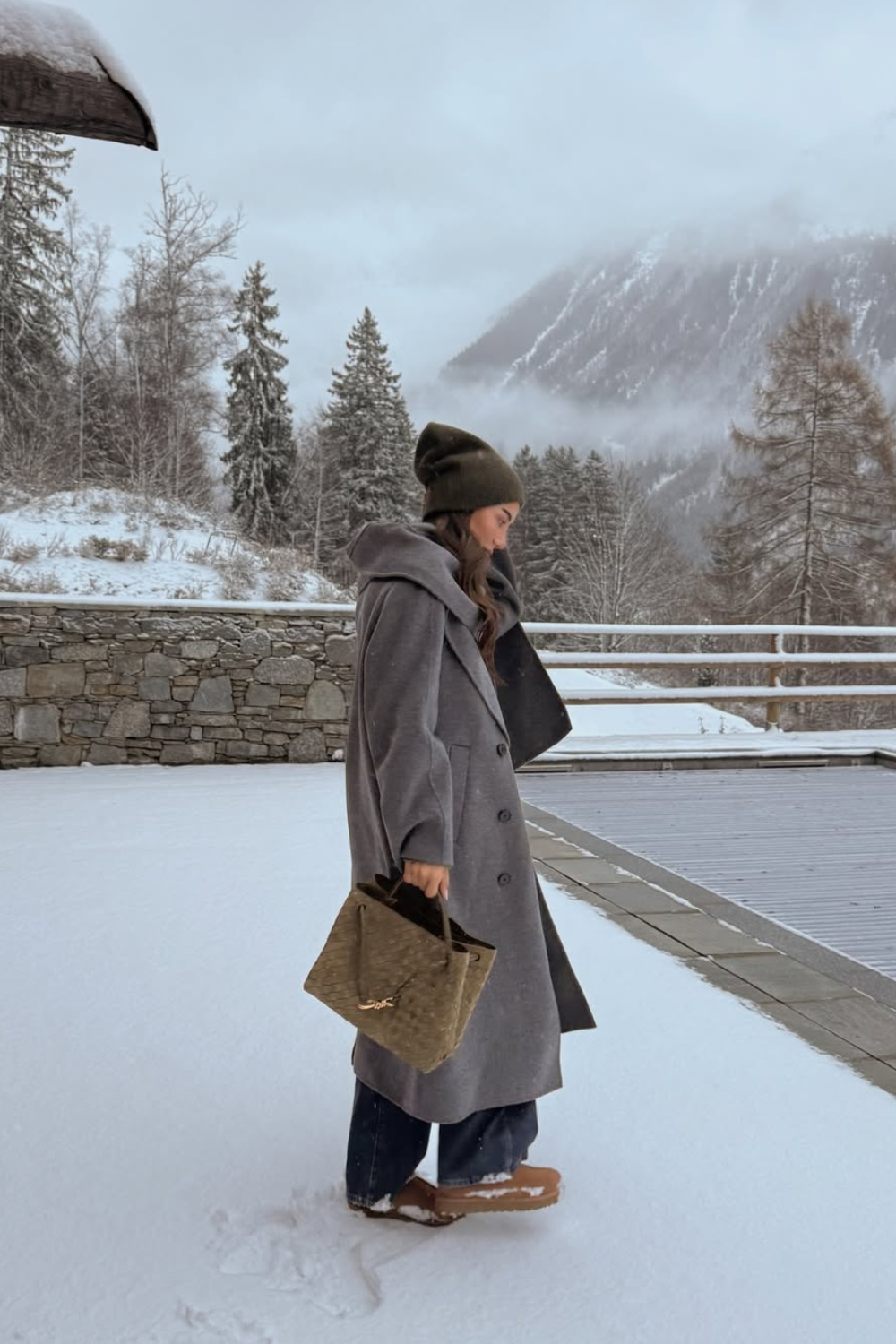 @tamara wears Ugg boots, grey coat and hat in snow