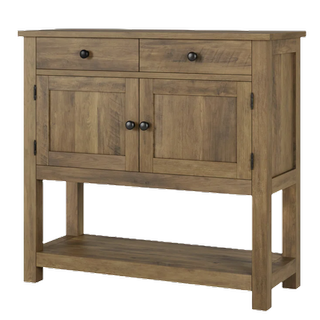 a wooden console table with rack, drawer and door storage