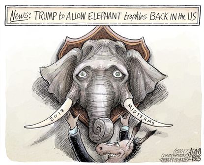 Political cartoon U.S. Trump elephant hunting Democrats 2017 election