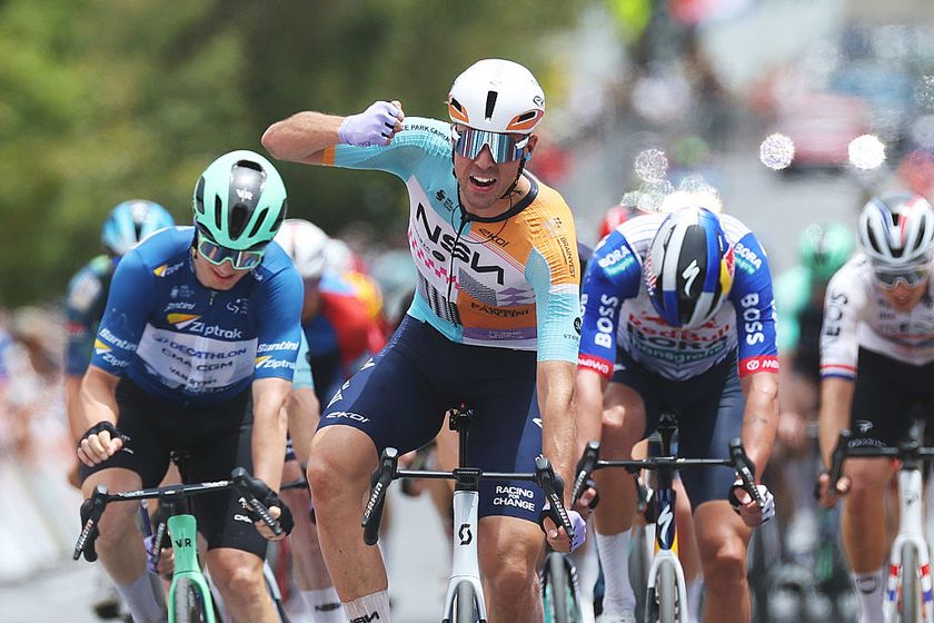 WILLUNGA, AUSTRALIA - JANUARY 24: (EDITOR&amp;apos;S NOTE: Alternate crop) Ethan Vernon of Great Britain and NSN Cycling Team celebrates at finish line as stage winner ahead of Tobias Lund Andresen of Denmark and Decathlon CMA CGM Team - Blue Sprint Jersey and Laurence Pithie of New Zealand and Team Red Bull - BORA - hansgrohe during the 26th Santos Tour Down Under 2026, Stage 4 a 130.8km stage from Brighton to Willunga / #UCIWT / on January 24, 2026 in Willunga, Australia. (Photo by Con Chronis/Getty Images)