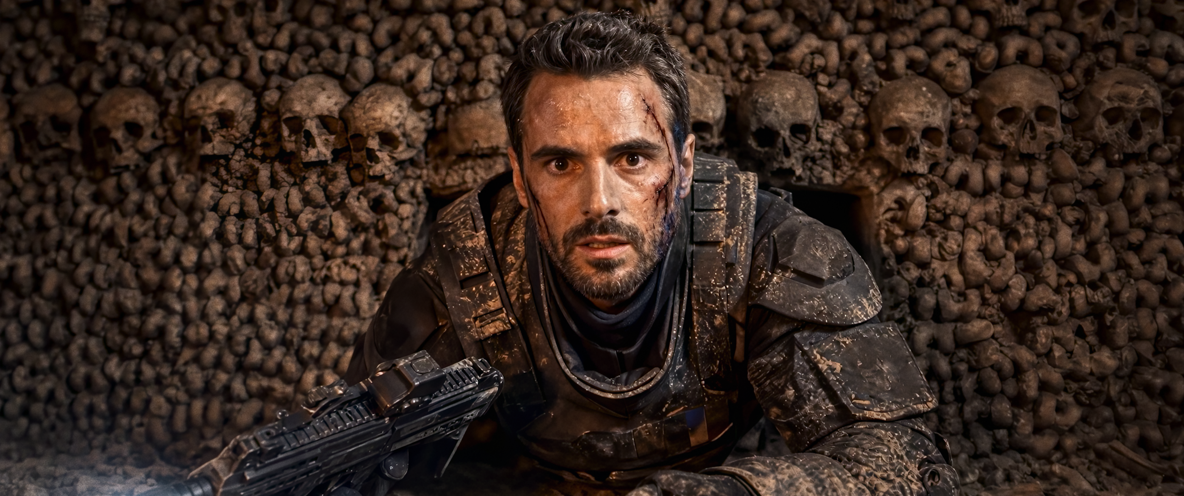 Catacombs AI film; a man stares in shock surrounded by skulls
