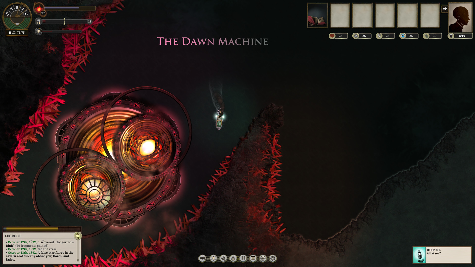 A small boat sailing over The Dawn Machine, a strange clockwork machine in the sea, in Sunless Sea
