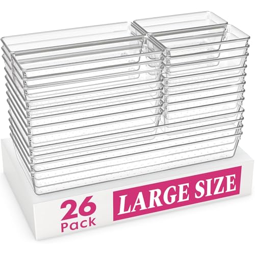 Criusia Large Drawer Organizer Bins 26 Pack | Complete 5 Size Clear Plastic Kitchen Drawer Organizers for Utensils | Bathroom Drawer Organizer Trays | Versatile for Makeup Office Organization