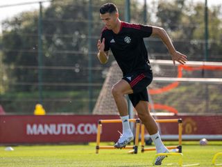 Manchester United star Cristiano Ronaldo in action during a first team training session at Carrington Training Ground on September 08, 2021 in Manchester, England.