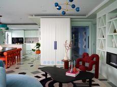 red, blue and mint open plan kitchen living area
