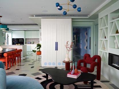 red, blue and mint open plan kitchen living area