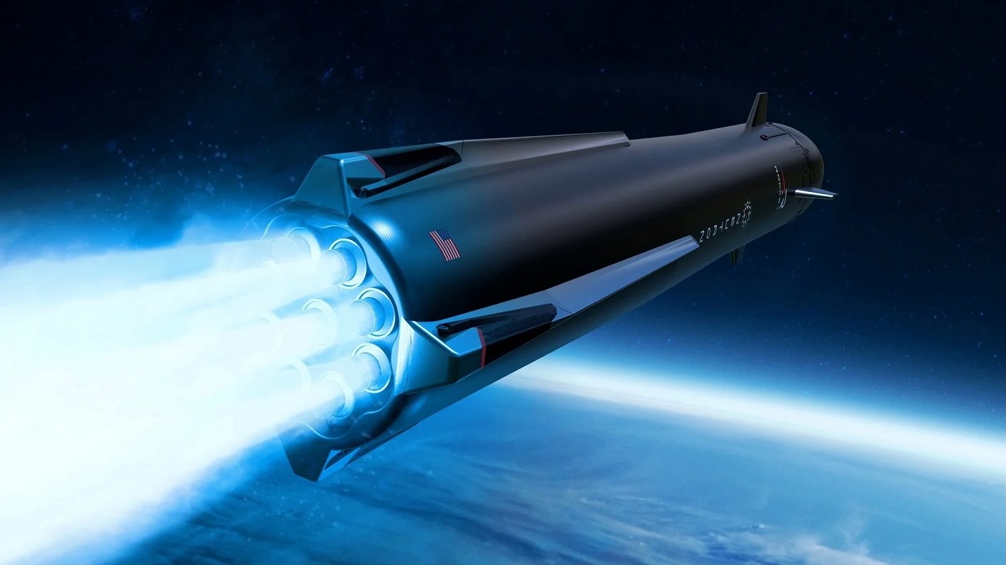 Illustration of a large black rocket soaring into orbit, trailing blue flames behind it
