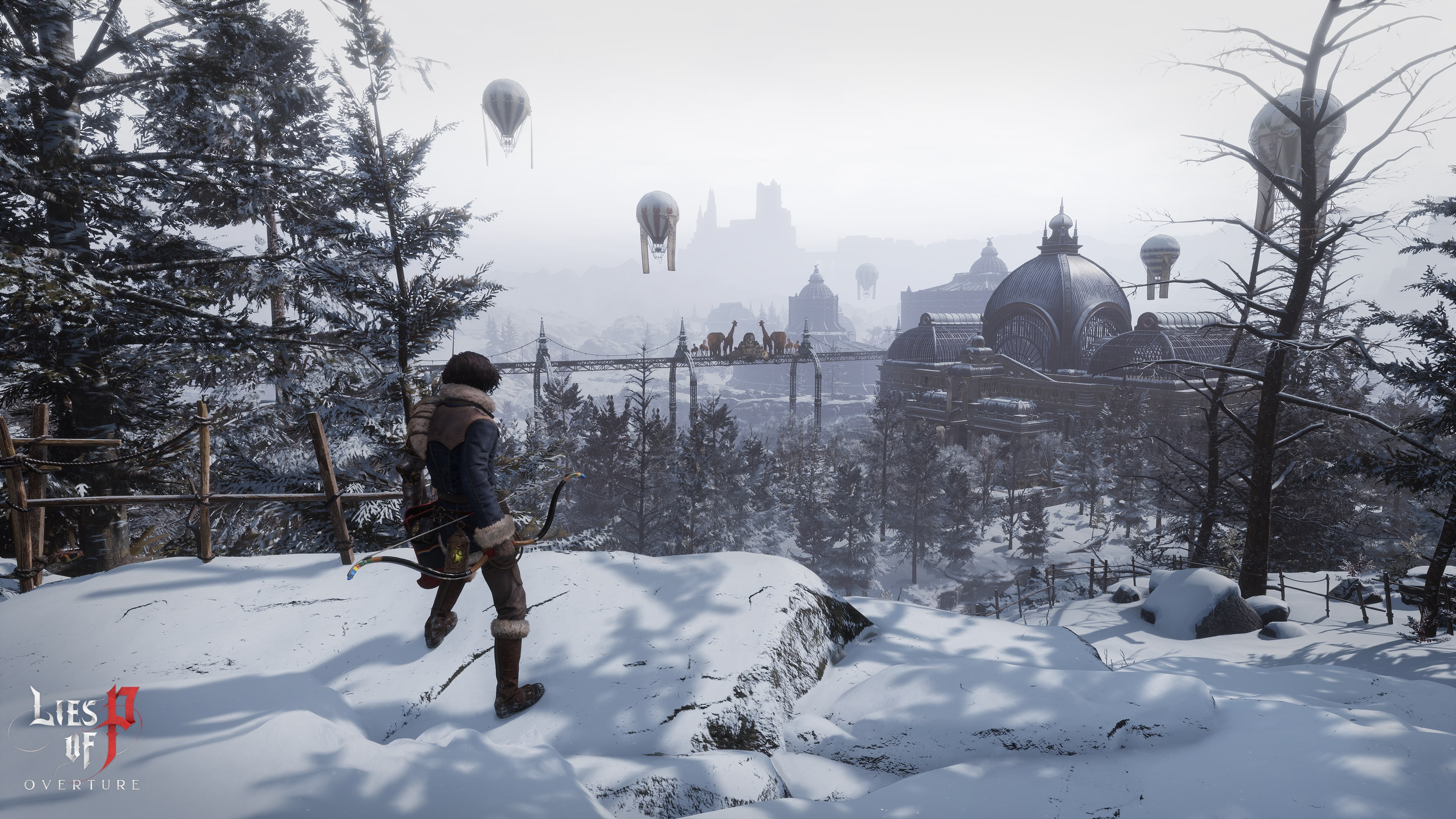 Lies of P: Overture promotional artwork of P standing on a snowy mountain path looking out at the Krat Zoo