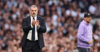 Tottenham Hotspur manager Ange Postecoglou reacts during the Premier League match between Tottenham Hotspur and Liverpool FC at Tottenham Hotspur Stadium on September 30, 2023 in London, England.