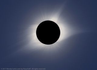 A highly detailed image of the sun's corona produced during the 2017 total solar eclipse.