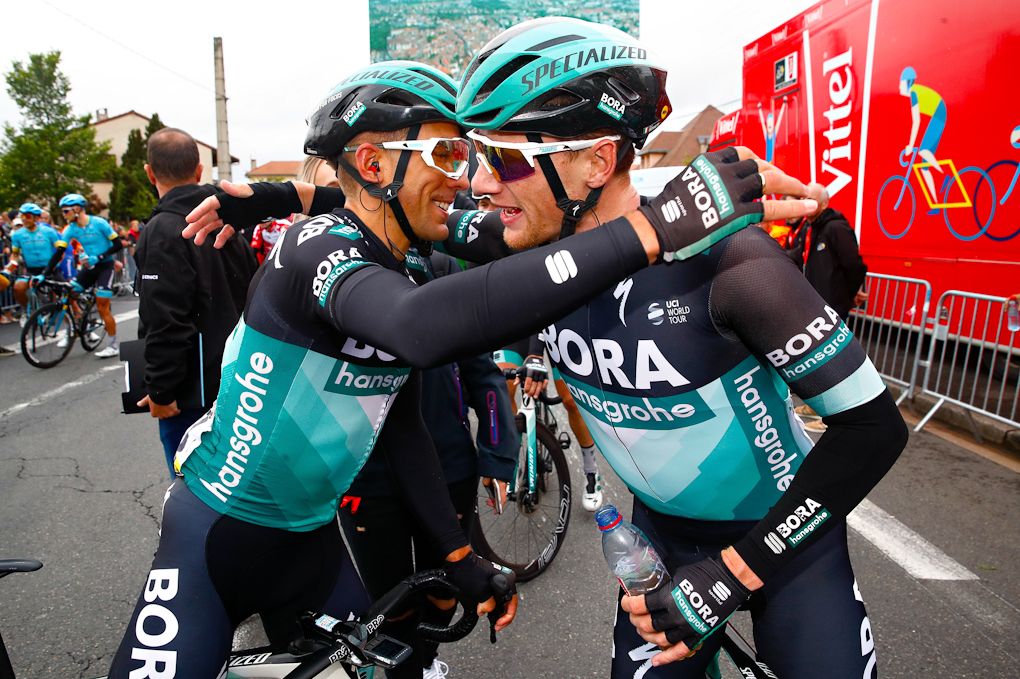 Sam Bennett reacts after winning stage 3 at Dauphine