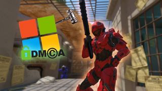 Project Misriah mod for Counter-Strike 2 edited with Gemini, including Microsoft and DMCA logos with gavel