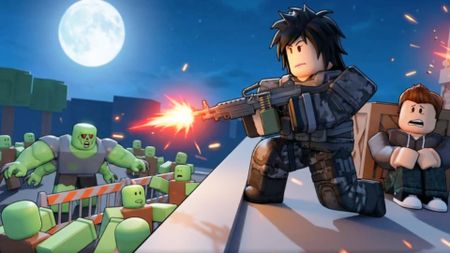 One player cowers as another shoots a wave of zombies in Survive Zombie Arena.