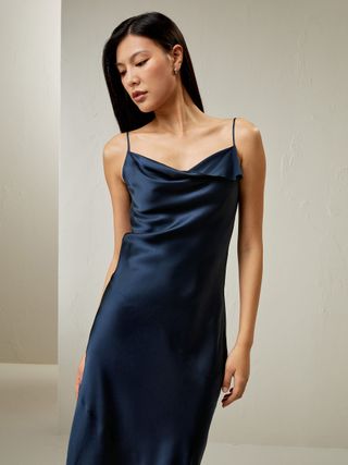 Cowl Neck Oblique-Layered Silk Dress