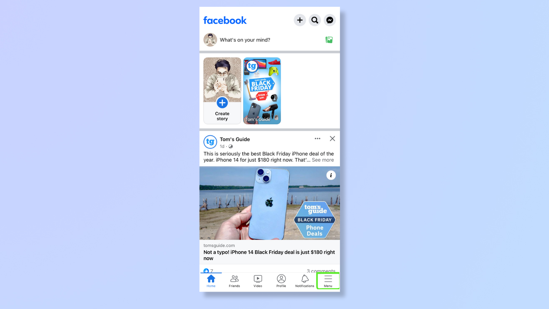 Снимок экрана приложения Facebook с рамкой, выделяющей меню в правом нижнем углу. 
