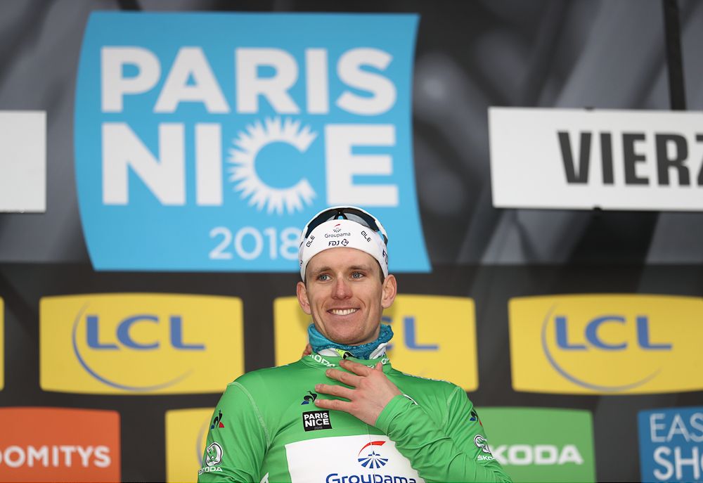 Arnaud Demare in green after stage 2 at Paris-Nice