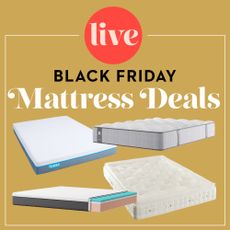 A graphic with four mattresses on a gold background and text that reads 'Live: Black Friday mattress deals'