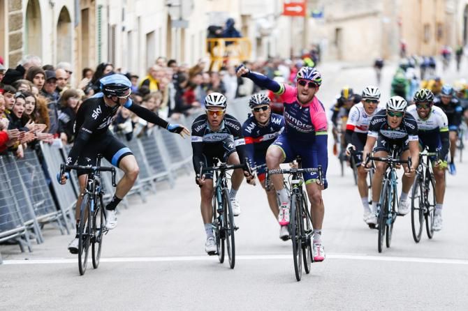 Sacha Modolo (Lampre-Merida) wins the Trofeo Ses Selines ahead of Ben Swift (Sky) and Gianni Meersman (Omega Pharma-QuickStep)