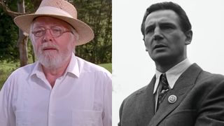 Richard Attenborough as John Hammond in Jurassic Park and Liam Neeson as Oskar Schindler in Schindler's List in a side-by-side photo.