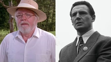 Richard Attenborough as John Hammond in Jurassic Park and Liam Neeson as Oskar Schindler in Schindler's List in a side-by-side photo.