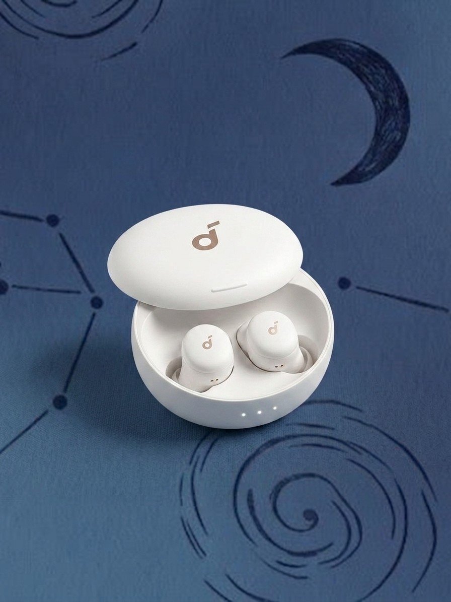 A pair of Soundcore A30 sleep earbuds in their case against a blue background of stars, edited by Gemini