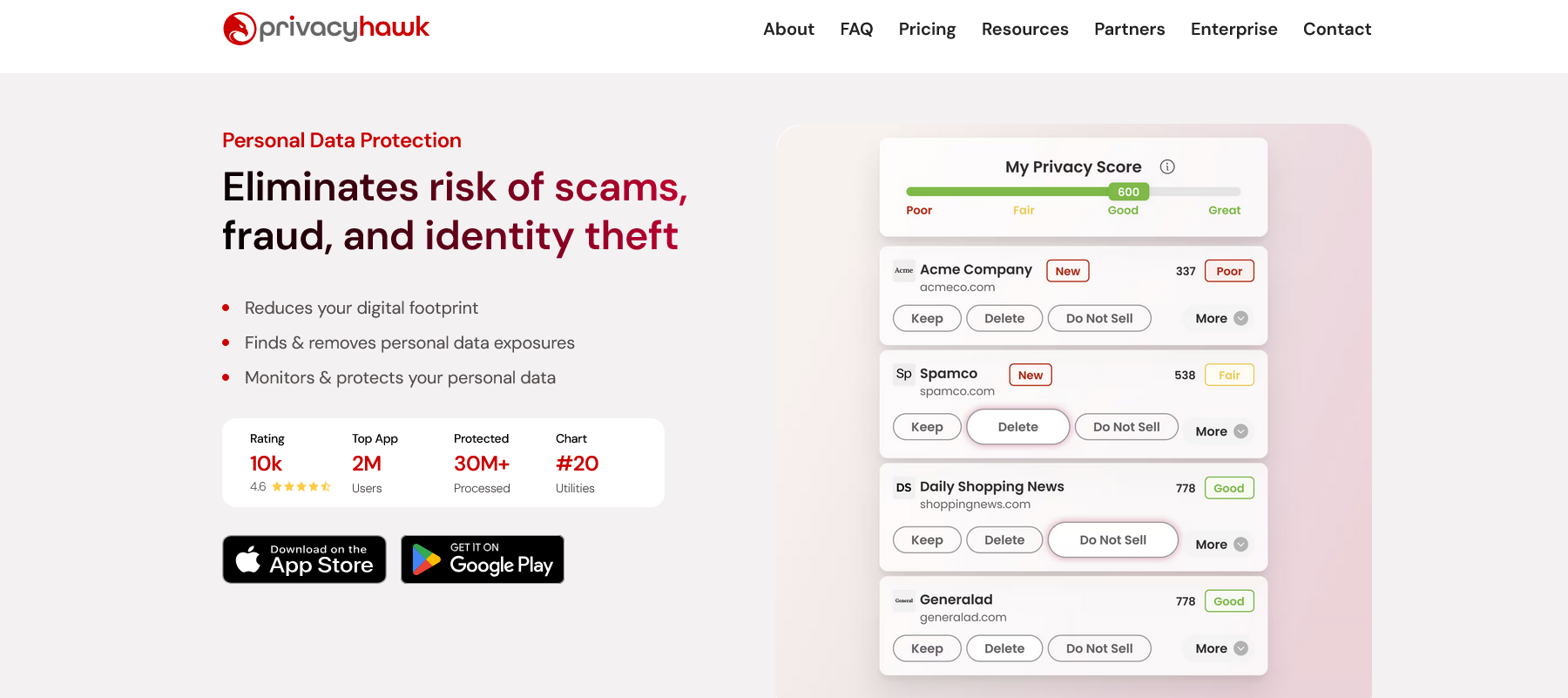 Website screenshot of PrivacyHawk (May, 2026)