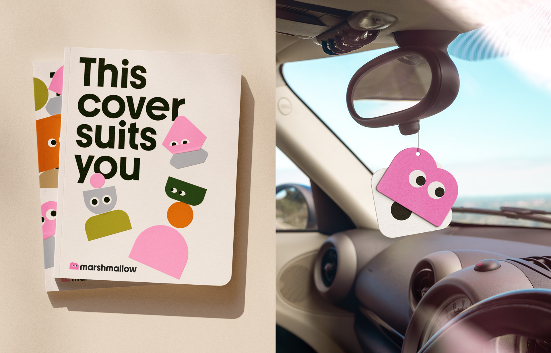 Marshmallow rebrand on stickers and air freshener