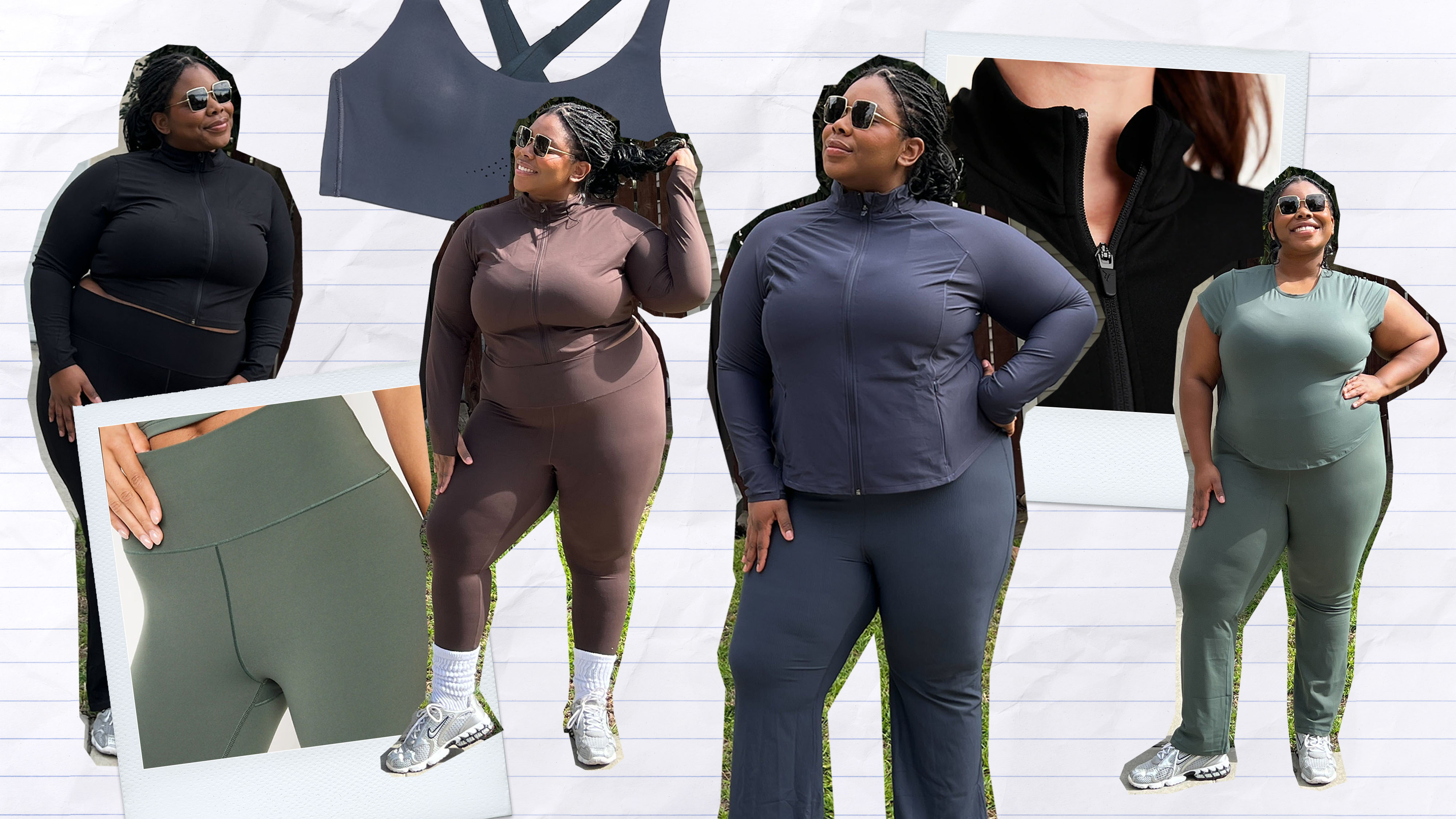 Pictured is a collage. In the collage, there are images of chichi wearing various Old Navy Activewear clothing with e-commerce images of the clothing on a line notebook back drop. 