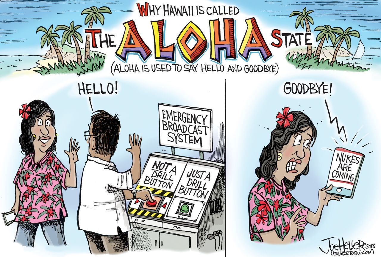 Political cartoon U.S. Hawaii false alarm nuclear missiles