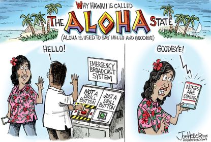 Political cartoon U.S. Hawaii false alarm nuclear missiles
