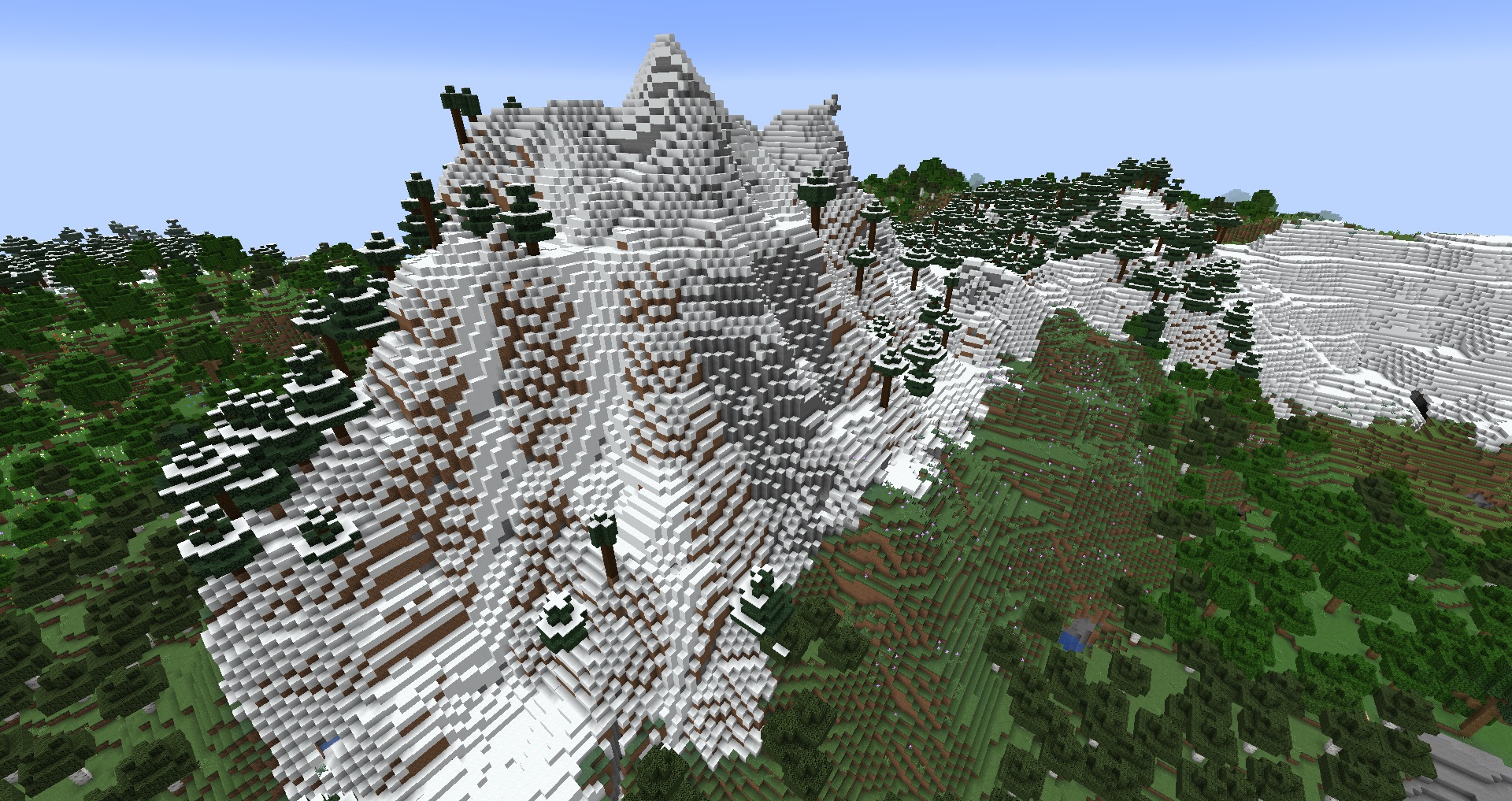 Minecraft 1.18 experimental snapshot 4 - a view from above of a snowy mountain