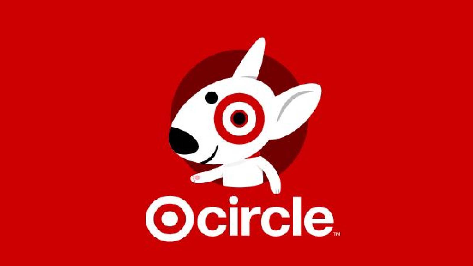 Das Target Circle-Logo – ein Comicbild eines weißen Hundes mit einem roten Ring um eines seiner Augen.  Der Hintergrund ist rot